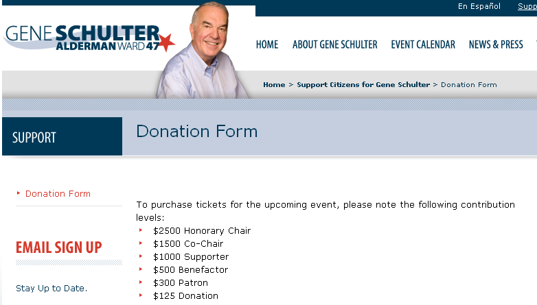 Schulter Excalibur tix form Ald. Eugene Schulter is asking for a minimum of $125 to attend his kickoff reception at Excalibur, a 4AM nightclub in the River North District.